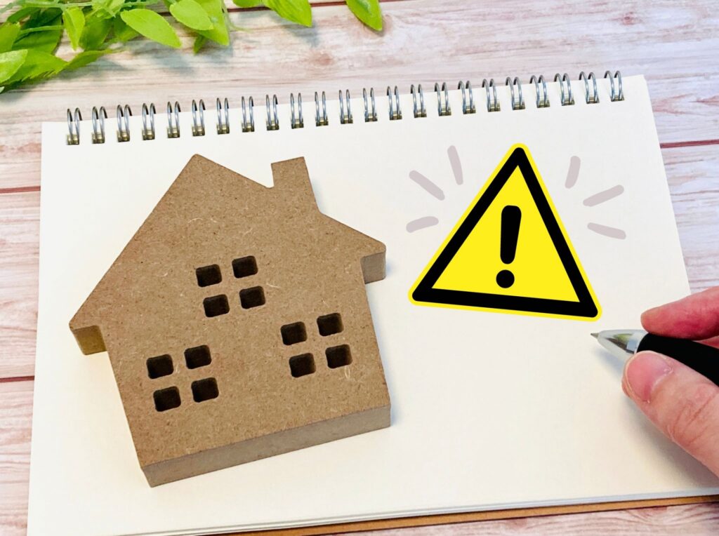 ノートの上に家の模型と黄色い警告マークのイラストが描かれ、ペンを持っている手