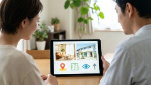 不動産売却で失敗しないための会社選び。タブレットで物件情報や内装写真を比較検討する夫婦の様子。