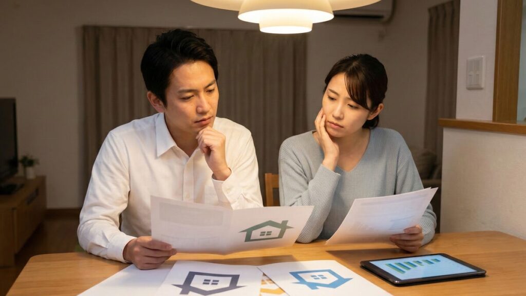 不動産売却で失敗しないために、査定資料や売却価格のグラフを比較して会社選びに悩む夫婦。