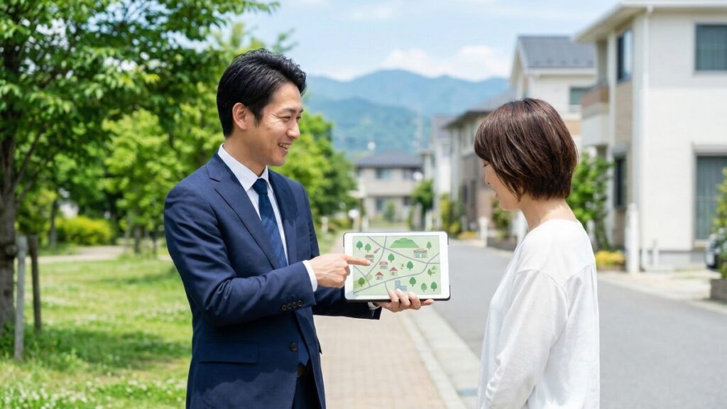 不動産売却で地域に詳しい営業担当者が、地図アプリを使って周辺環境や物件の強みを女性に説明する場面。