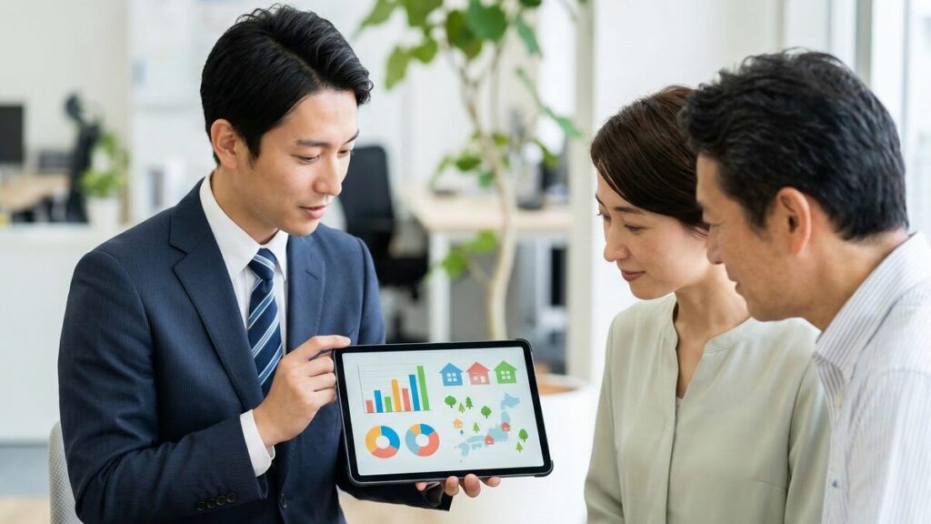 豊富なデータや図解を用いて、不動産売却のコツや市場状況を誠実に解説する営業担当者。