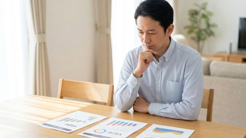 不動産売却で失敗しないための会社選びの判断。複数の不動産会社から提示された査定価格や提案資料を慎重に比較する様子。