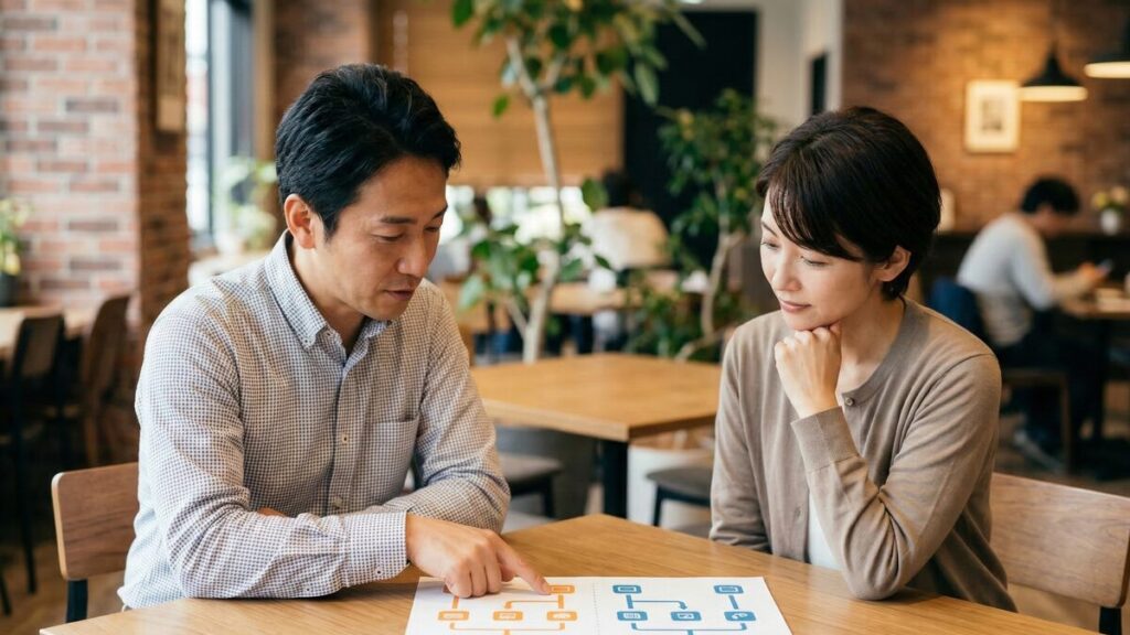 不動産売却方法の選び方。仲介と買取の違いをフローチャートで確認し、自分に合った売却ルートを相談する男女。
