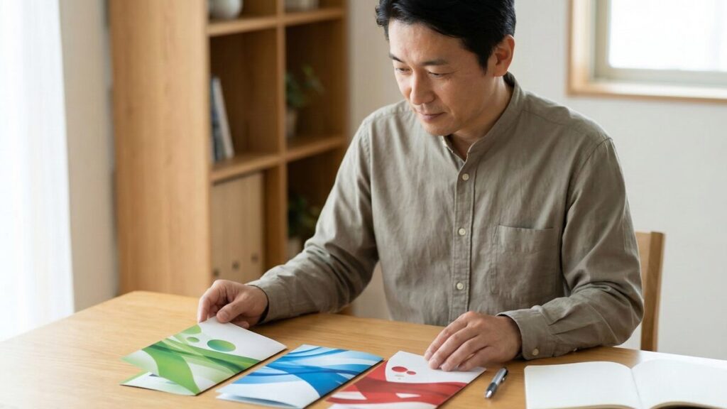 不動産売却で失敗しないために、1社だけで決めず、複数の不動産会社のパンフレットを並べて慎重に比較検討する様子。