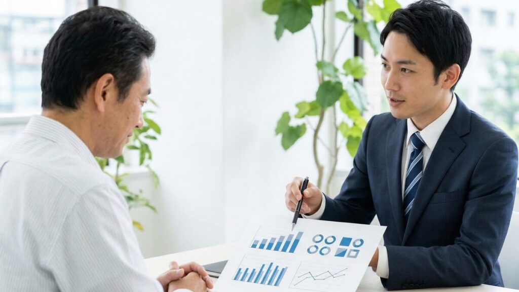 スーツ姿の若い男性が、資料をペンで指し示し、向かい側に座る男性に詳しく不動産売却の流れを説明している様子。