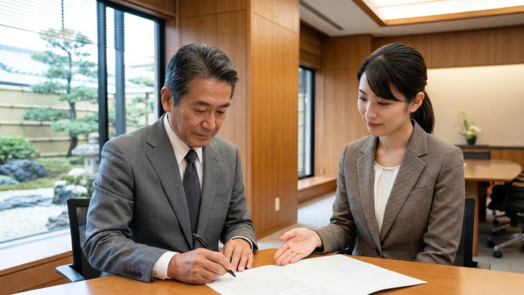 不動産売却において、担当者の丁寧なサポートを受けながら、重要な契約書類や査定依頼書に署名を行う場面。