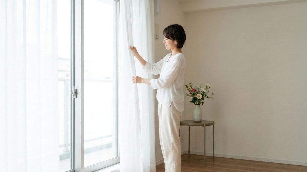 不動産売却で高く・早く売るためのコツ。内覧時の印象を良くするために、カーテンを開けて部屋を明るく整える様子。