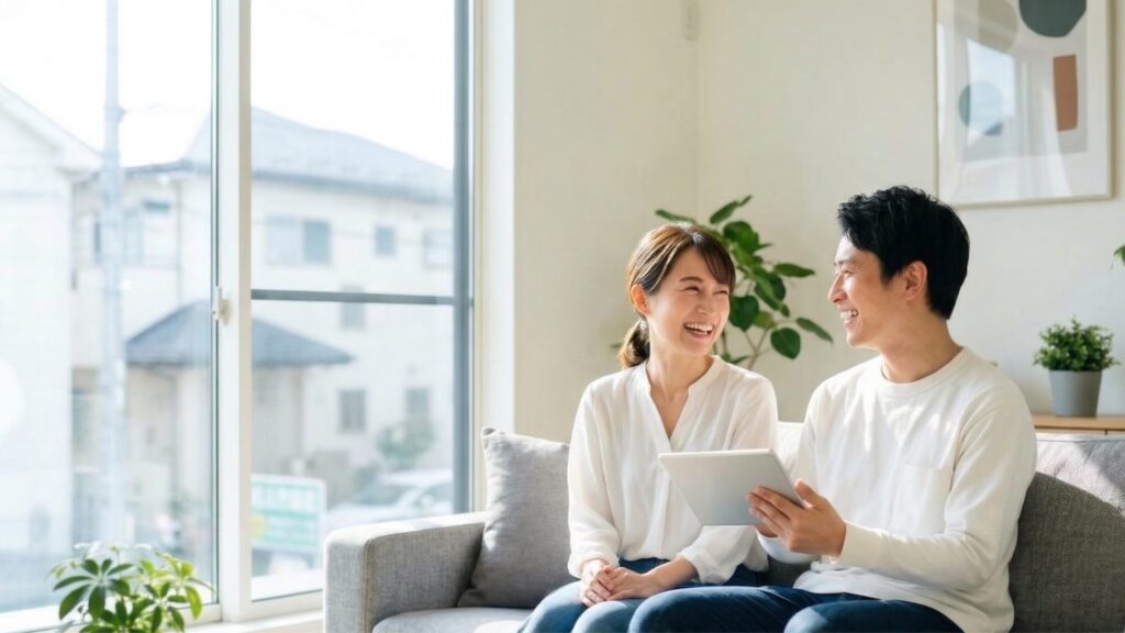 住み替えの資金計画がまとまり、タブレットでシミュレーション結果を確認しながら談笑する夫婦。ローン残債の対処法や節約術を実践した後の晴れやかな様子。