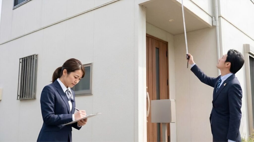 不動産売却の査定のために、家の外観やサイズを計測するスタッフ。住み替え費用を捻出するための正確な現状調査。