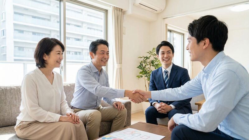 買い手と売り手が実際の取引にもとづく価格(実勢価格)で納得し、契約が成立した様子をイメージ。