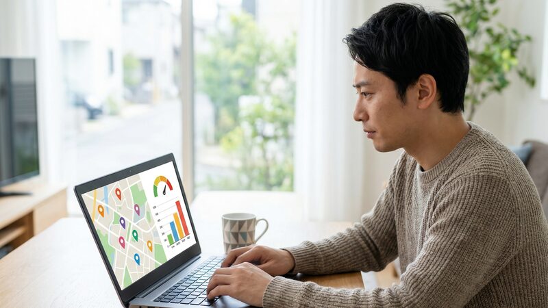 国土交通省が提供する不動産情報ライブラリの利用し、適正な取引価格の目安を把握している男性。