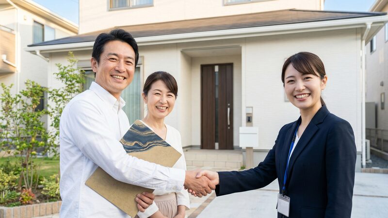 納得のいく不動産売却ができ、担当者と笑顔で握手を交わす夫婦。