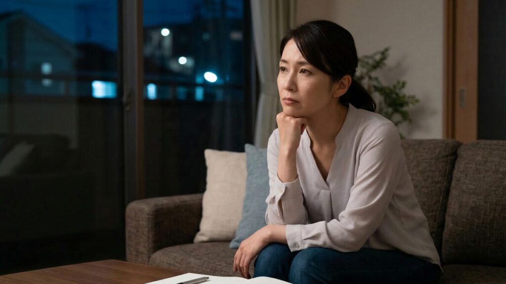 自宅のリビングで不動産の売却について悩む女性