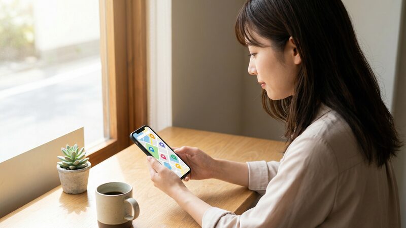 不動産サイトで売出価格を確認し、成約価格と一致しているか知りたいと思っている女性。