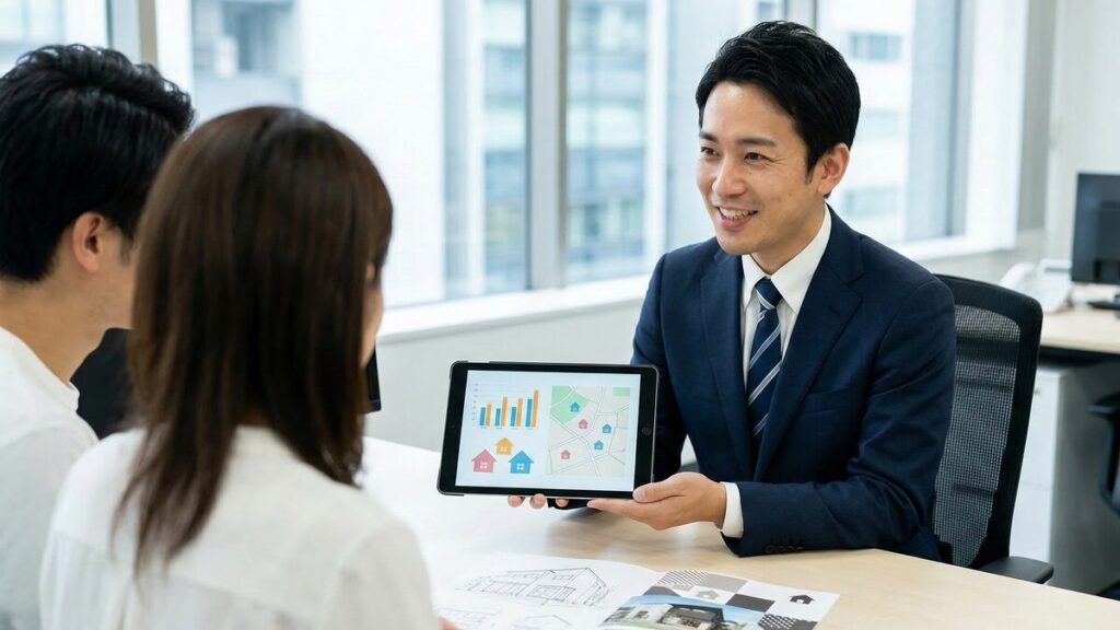 不動産会社の担当者から住み替え費用の内訳や周辺相場について、タブレットのグラフを使って説明を受ける夫婦。