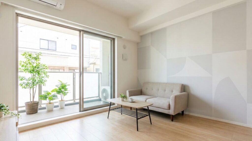 住み替え先の新居や、売却中の物件を想定した明るいリビングルーム。日当たりの良いベランダと観葉植物が清潔な住環境を演出している。