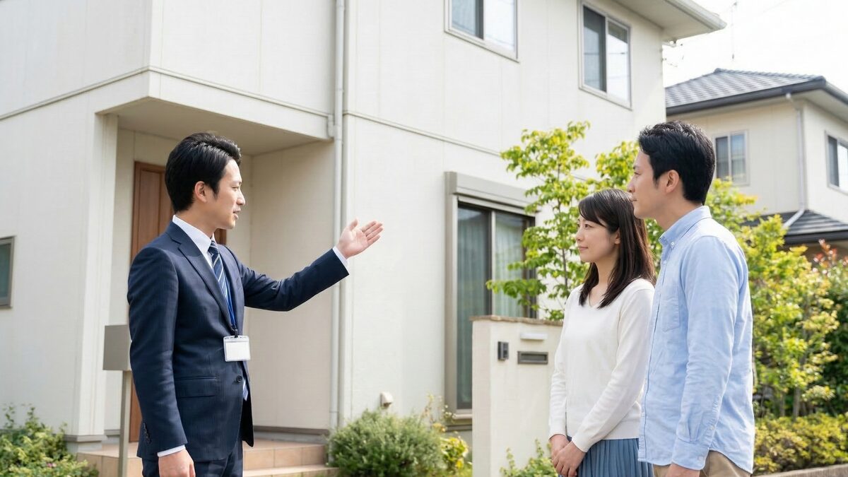 不動産の売却や購入による住み替えを検討中の夫婦が、新築戸建て住宅の前で担当者から費用の内訳や住宅ローンの説明を受けている光景。