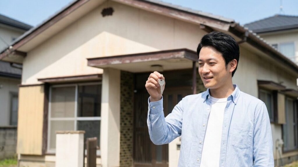 青いシャツを着た男性が、一軒家の建物の前で右手に持った1本のシルバーの鍵を嬉しそうに見つめている。