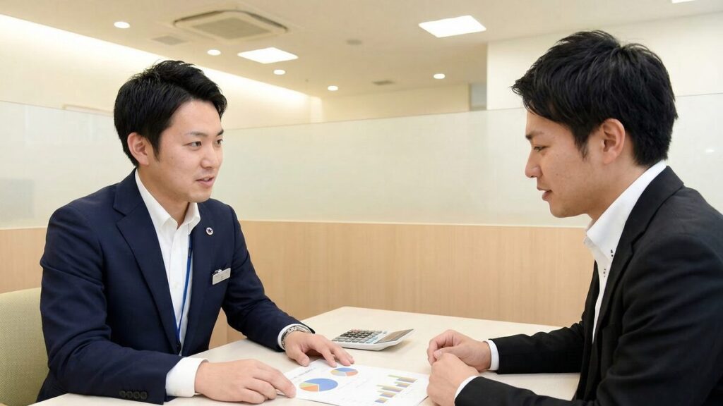 住み替え費用の資金計画について、不動産やローンの専門家からアドバイスを受ける男性。具体的な内訳や節約方法を対面で相談している。