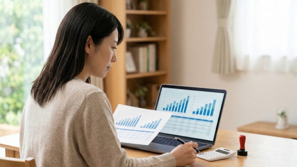 パソコンのデータと電卓を使い、住み替えにかかる自己資金や諸経費を計算する女性。家計を見直し、節約できる項目を確認している。