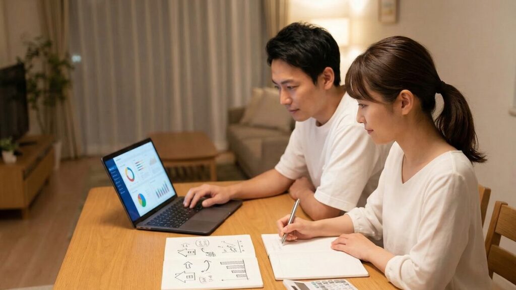 パソコンとノートを使い、住み替え後の新生活に向けた家計プランを立てる夫婦。費用の内訳を整理し、ローン返済の目処が立ち安心している様子。