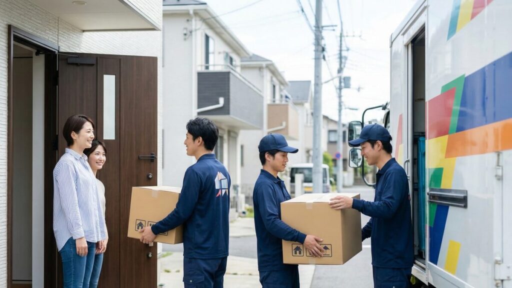 住み替え当日の引越し作業の様子。購入・売却のスケジュールに合わせて、引越し業者が手際よく荷物を搬出している。