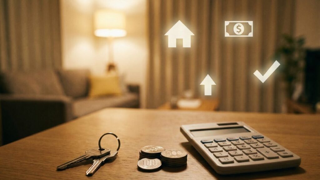 新居の鍵と電卓、小銭が置かれたテーブル。住み替えに伴う購入・売却費用の算出や、ローン残債の解消を象徴するイメージ。