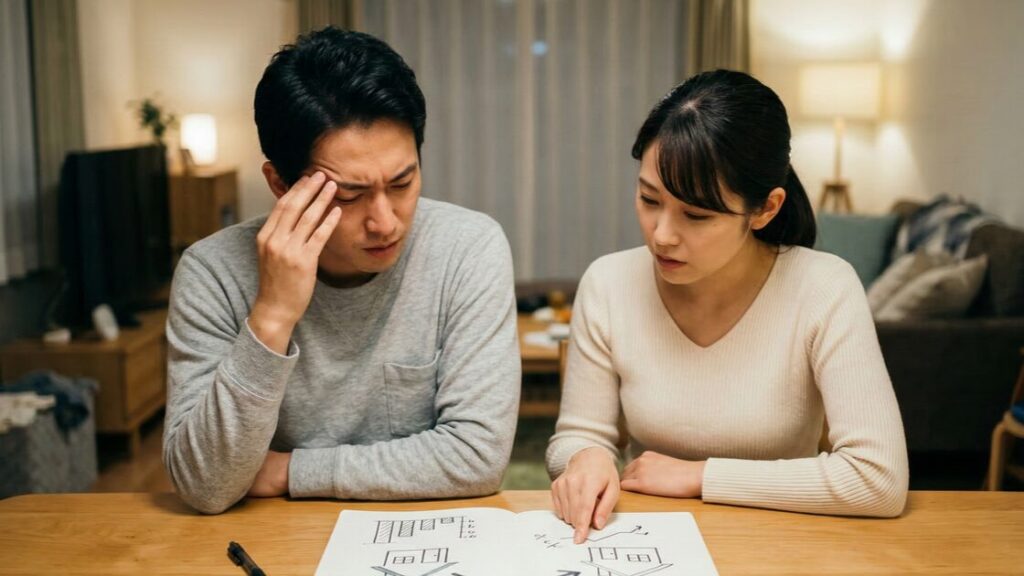 住み替えに伴う予算オーバーやローン残債の対処法について、資料を見ながら真剣に話し合う夫婦。夜の室内で落ち着いて資金計画を検討している。