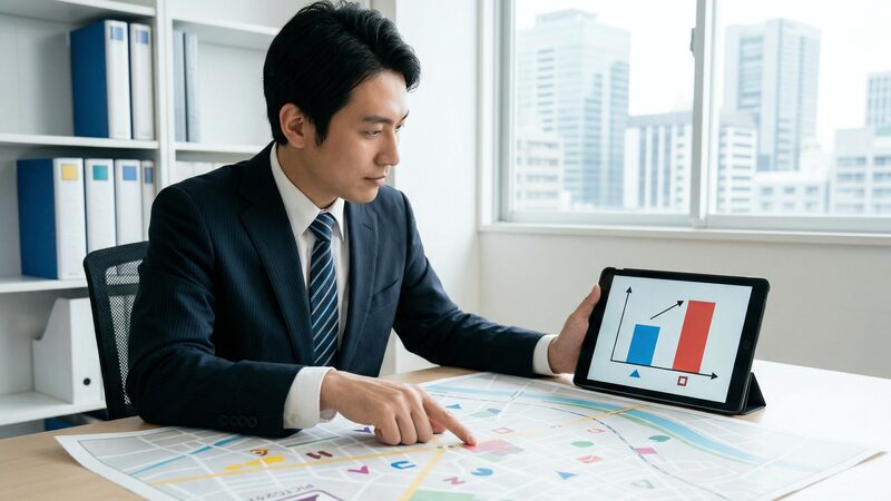 公示価格と実勢価格の差を確認している男性。