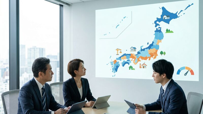 エリア別に公示価格と実勢価格の乖離率の実態を確認している専門家たち。