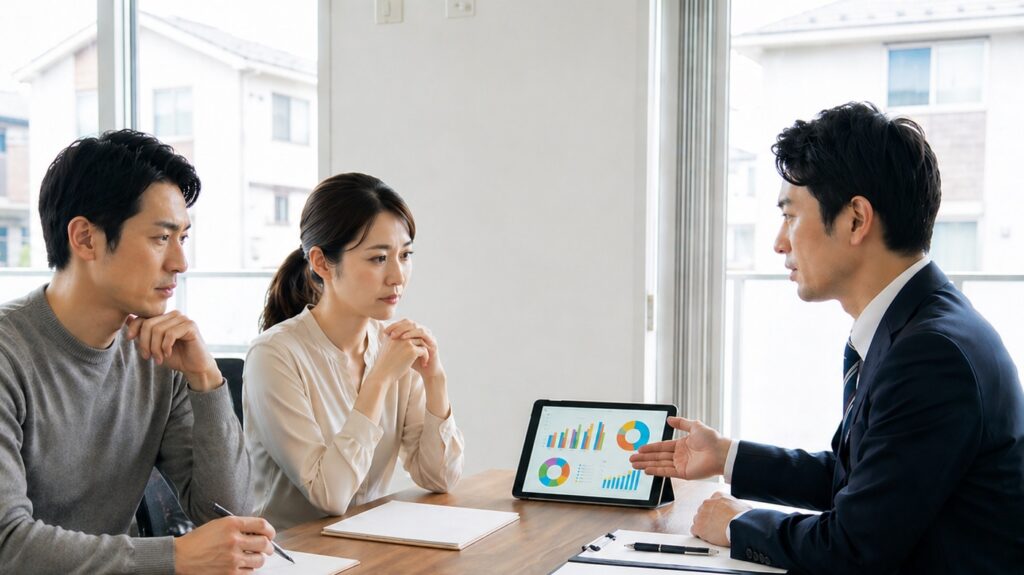 離婚でマンションの売却について専門家の説明を受ける夫婦が、真剣な表情で向き合っている様子