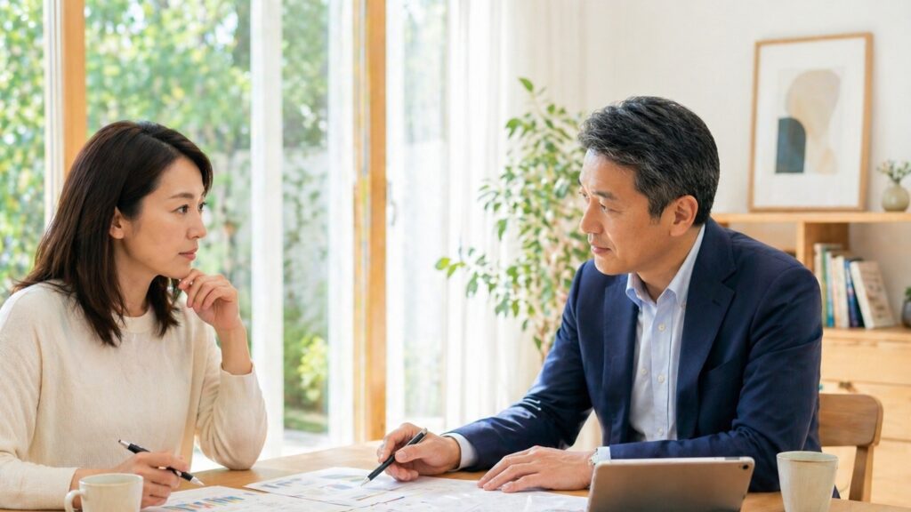 自然光が差し込む明るい室内で、女性と男性がテーブルを挟んで向き合い、資料を見ながら真剣な表情で落ち着いて話し合っている様子