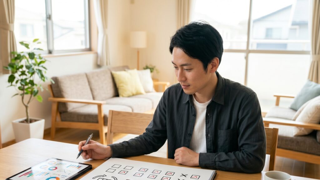 離婚時のマンション売却における住宅ローンの残債確認や、オーバーローンなどの資金計画について考える男性