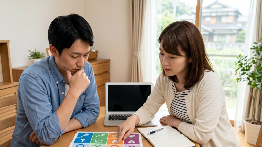 男性と女性が離婚に向けて、売却方法(仲介・買取)を決定するために仲介・買取の比較表、査定書、売却期間、価格条件を見比べている様子