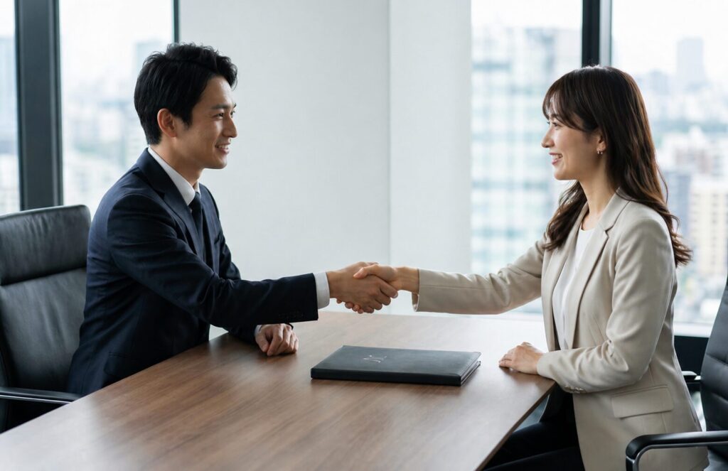 離婚時のマンション売却を依頼する不動産会社との媒介契約。信頼できる不動産担当者とスムーズに契約する様子。