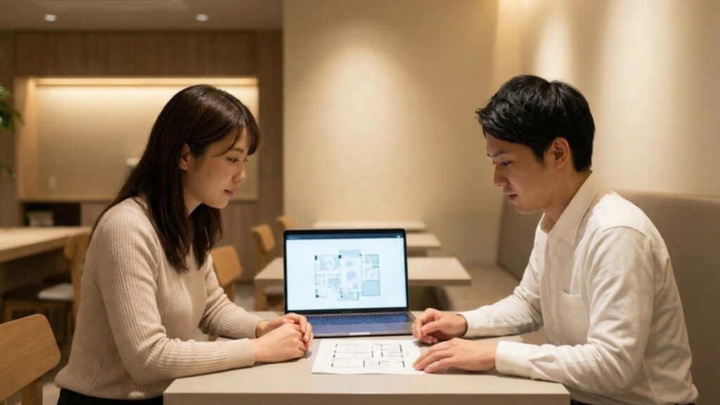 離婚に伴うマンション売却や住み替えの相談。パソコンで間取り図を確認し合い、今後の住まいを検討する夫婦。