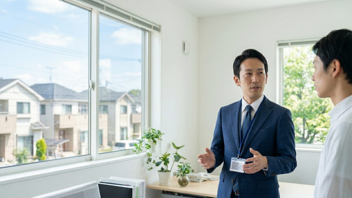 不動産会社に査定を依頼し、物件を評価してもらっている様子を示す。