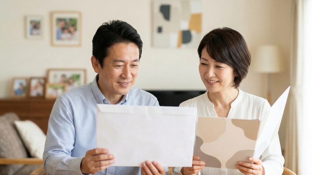 不動産売却の特例適用に関する通知や確定申告の必要書類が届き、一安心する表情の夫婦。