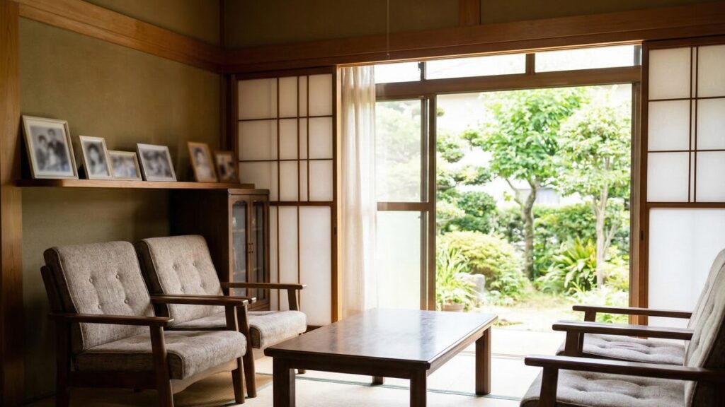 不動産売却や節税対策の対象となる実家を想起させる和室。障子越しに庭を望む居間には、ソファやテーブルが整えられ、棚には大切に保管された家族写真が並んでいる。