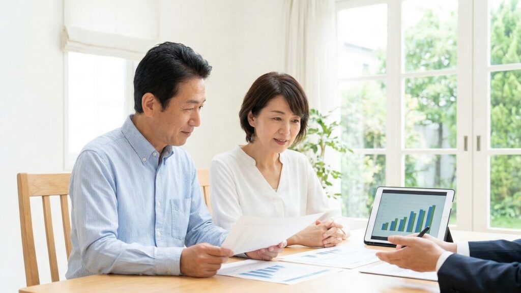不動産売却に伴う譲渡所得の特例や節税の仕組みを、タブレットの資料を見ながら検討する夫婦。