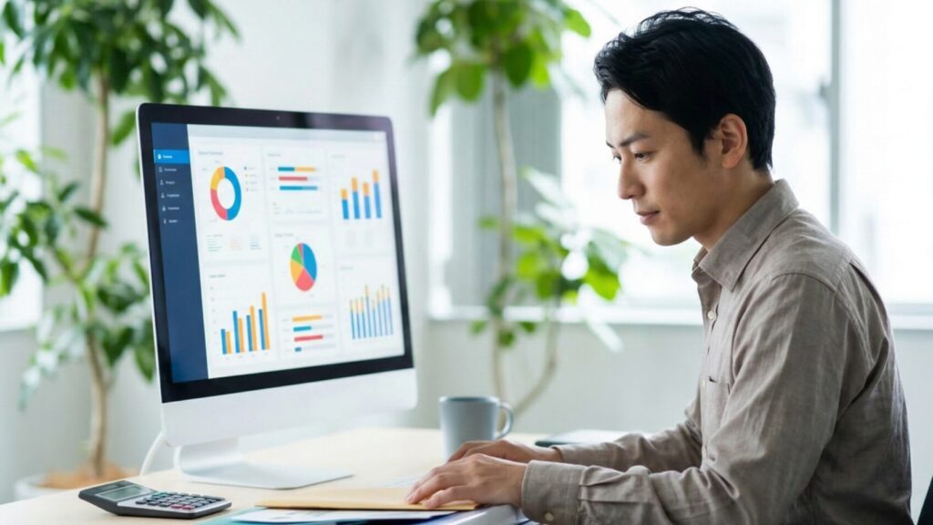 不動産売却の節税効果や特例の適用条件をパソコンのデータでシミュレーションする男性。