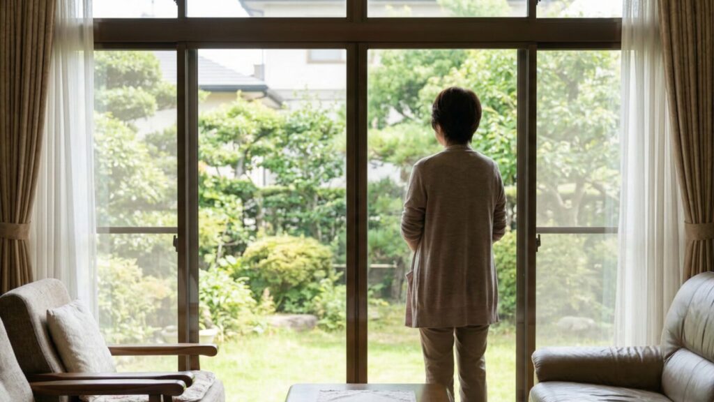 住み替えや不動産売却を検討し、特例を活用して売却するマイホームの庭を眺める女性。