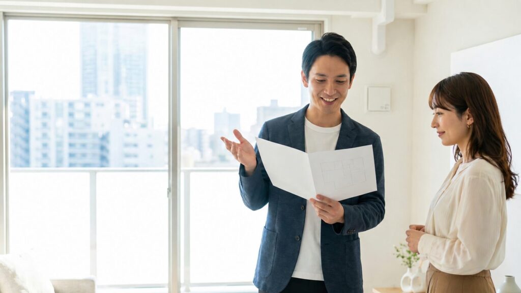 不動産売却の適用条件や確定申告の流れについて説明を受け、安心した表情を浮かべる男女。