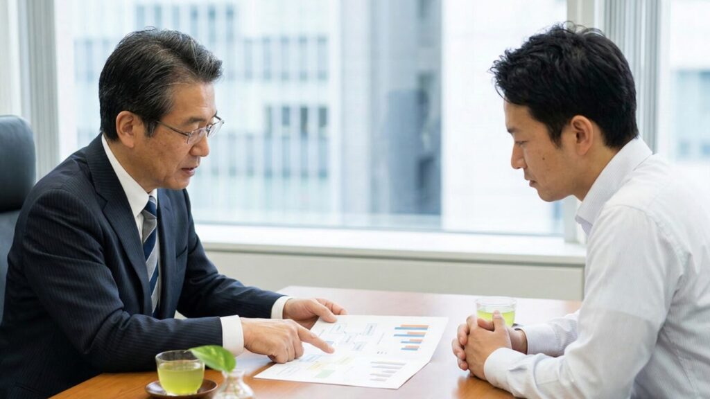 不動産売却後の確定申告の流れや、適用可能な特例について税理士から説明を受ける男性。