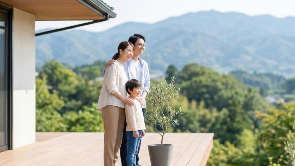 不動産売却の買い替え特例などを活用し、理想の郊外一戸建てへ住み替えて喜ぶ親子3人。
