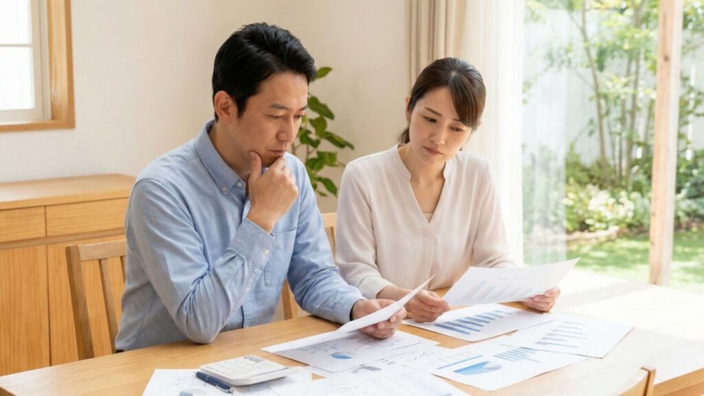 不動産売却の特例や節税の仕組みを理解するために資料を確認し悩む夫婦。
