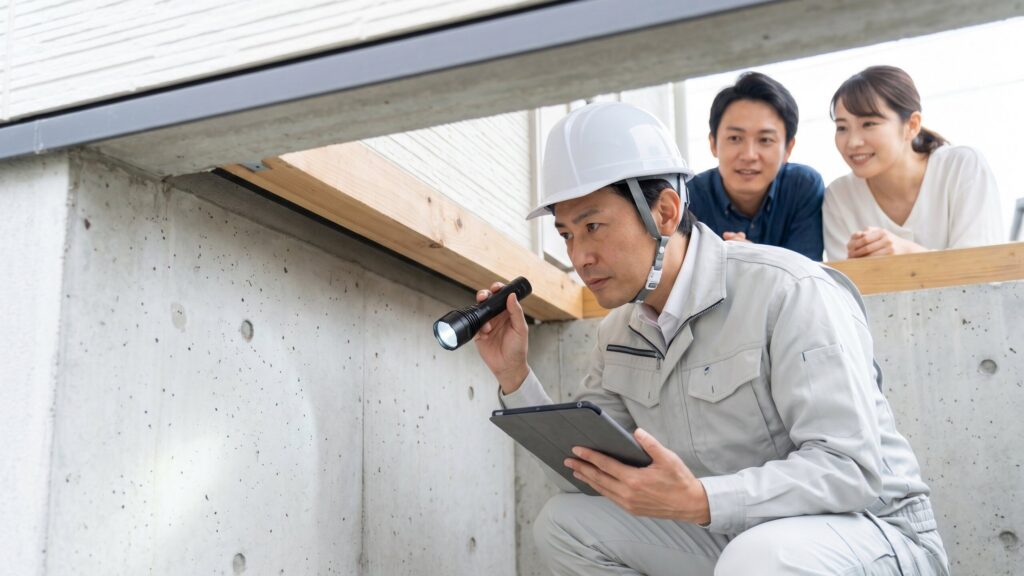 家が売れない原因を解消するため、専門家による住宅診断で見つかった基礎のコンクリート部分をライトで確認する様子。