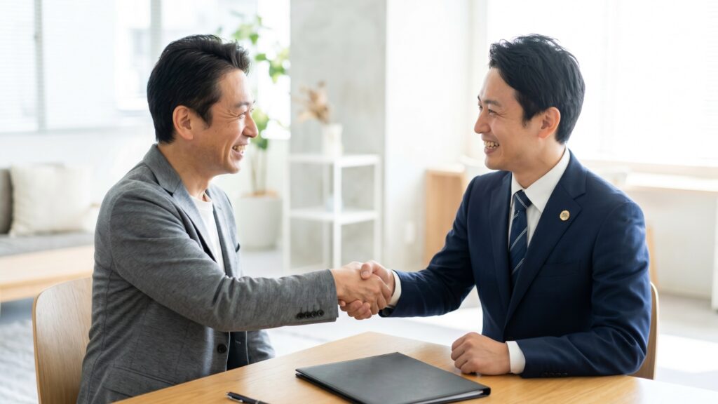 初めての土地売却を成功させ、信頼できる不動産会社と笑顔で売買契約の握手を交わす。