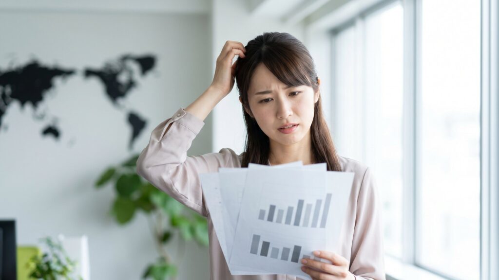家が売れない原因が分からず、売却活動のデータや報告書のグラフを前に頭を悩ませて強いストレスを感じている女性。