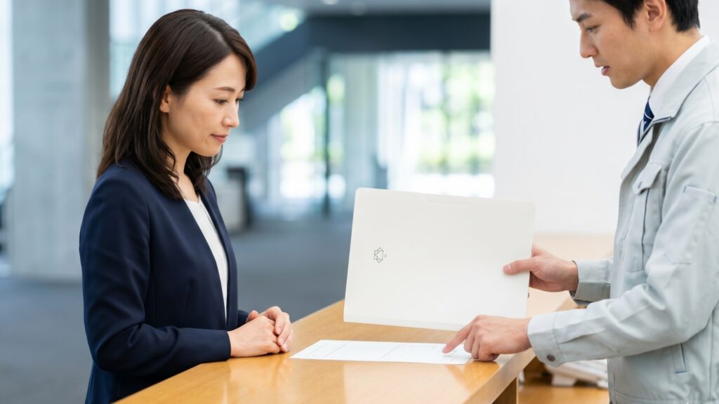 土地を売るときの注意点や不動産売買契約書の内容を窓口で確認し説明を受ける様子。